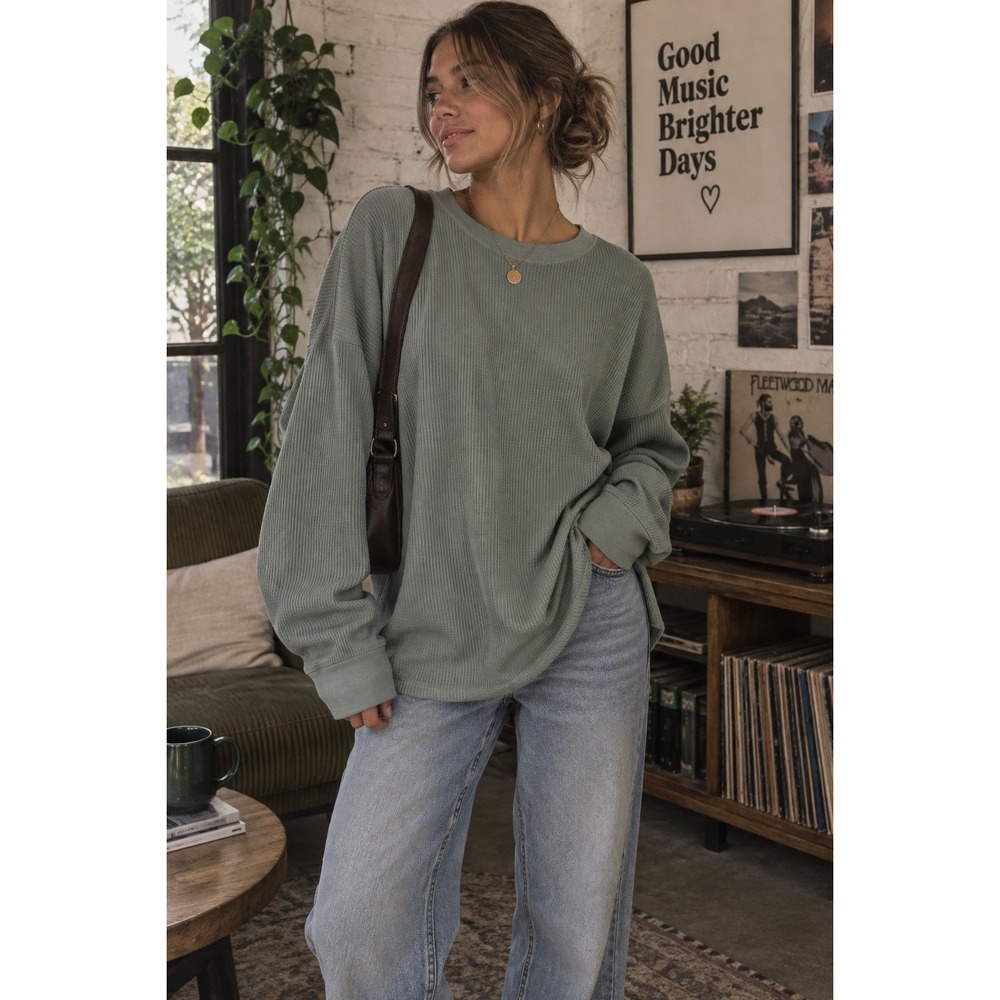 Uniqlo Top Womens Medium Green Waffle Crew Neck Gorpcore Minimalist
